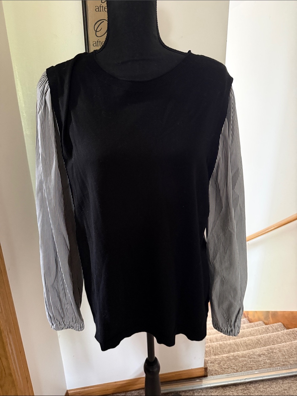 Chico's Black Pullover with Pinstripe Sleeves